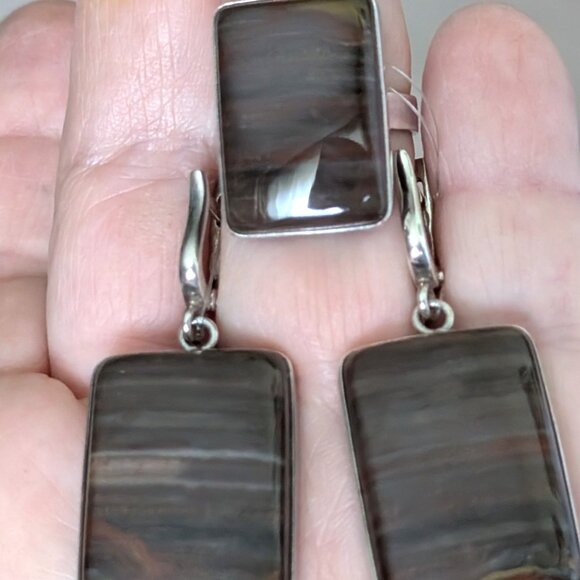 NWT Russian Russia Sterling Silver 925 Brown Petrified Wood Earrings & Ring Set - Picture 4 of 16